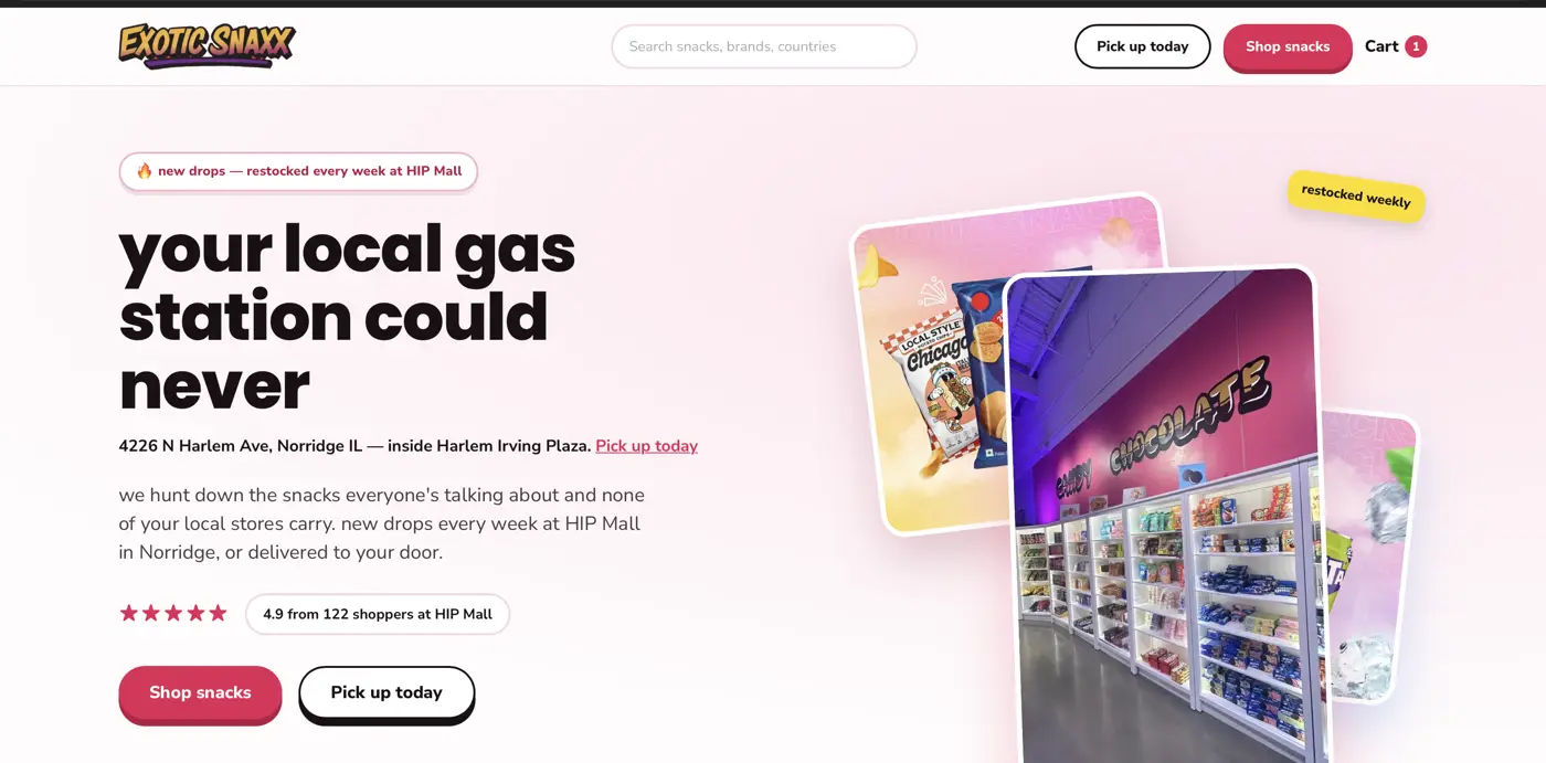 exoticsnaxxshop.com — the live storefront: your local gas station could never