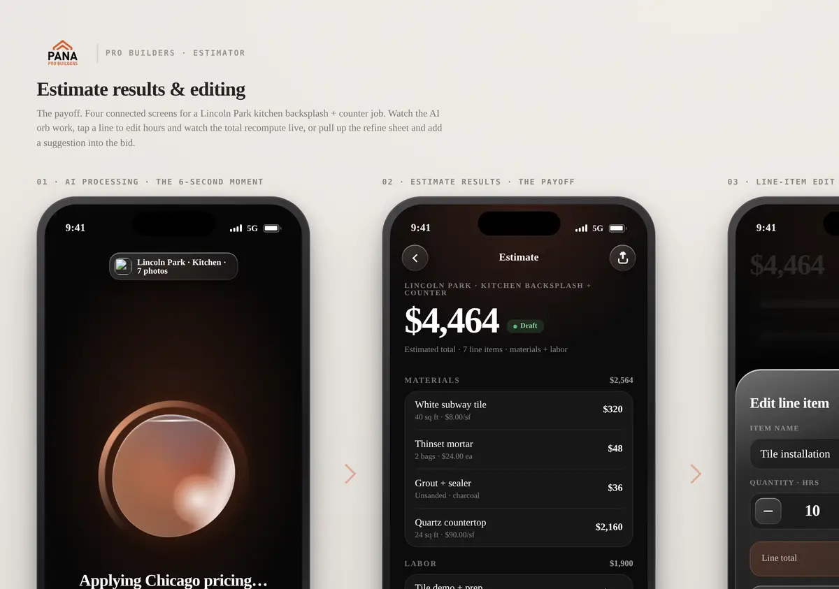 estimate results: $4,464 priced in seconds, line-items editable