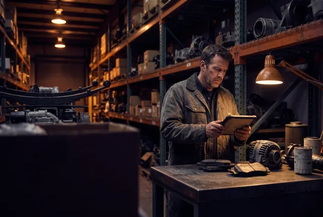 Agora Truck Parts — a warehouse parts counter, a worker checking a rating on a tablet