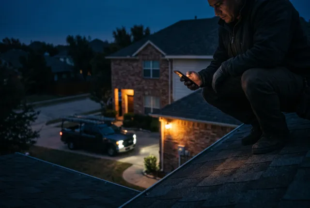 Baklava Roofing — a suburban Dallas roofline at night, work truck below, a phone glowing in a roofer’s hand