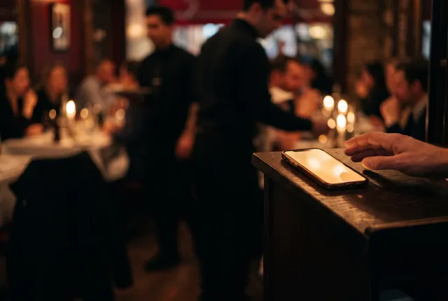 Cremona Bistro — a phone glowing on the host stand during a busy candlelit dinner service