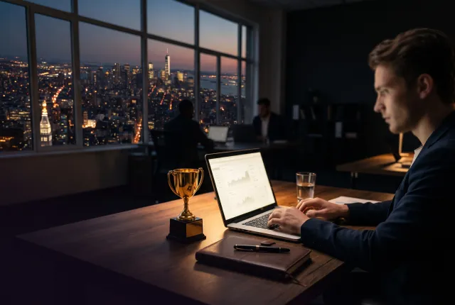 ECX Energy — a glowing laptop and a small gold trophy on a sales-floor desk at dusk