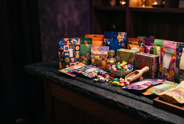 Exotic Snaxx — colorful exotic candy and snack packs spread across a dark counter