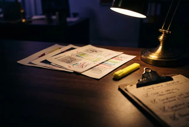 Starr Injury Law — marked-up ad printouts and a compliance checklist on a legal desk at night