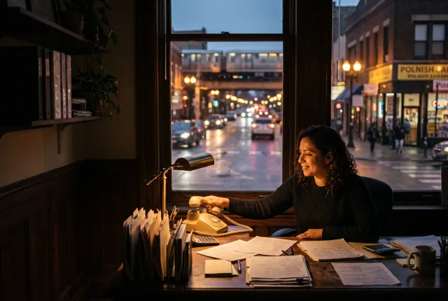 Yasar Insurance — a Chicago insurance brokerage desk at evening, landline phone mid-ring